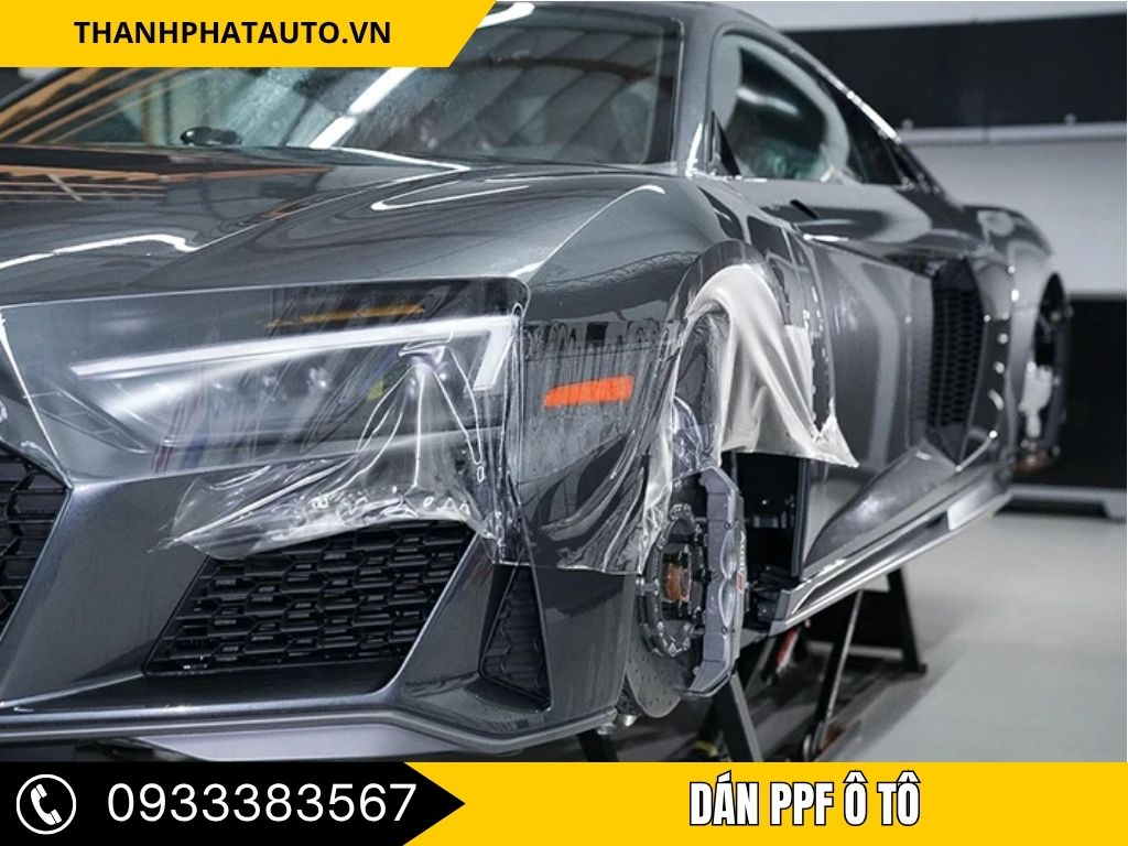 án PPF Ô Tô Tại Long An – Quá trình dán PPF trên chiếc xe Audi, bảo vệ bề mặt sơn khỏi trầy xước.