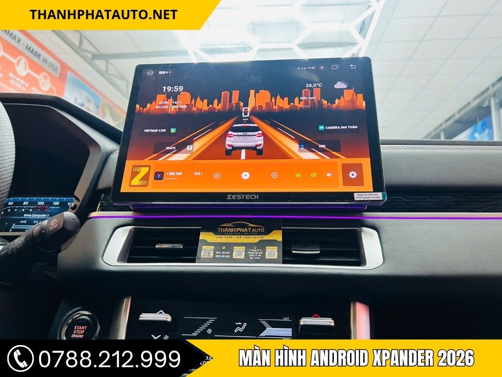 Màn hình android ô tô Biên Hoà _ được lắp trên xe, hiển thị giao diện điều khiển thông minh với màu sắc nổi bật, chụp tại cửa hàng Thanh Phát Auto.