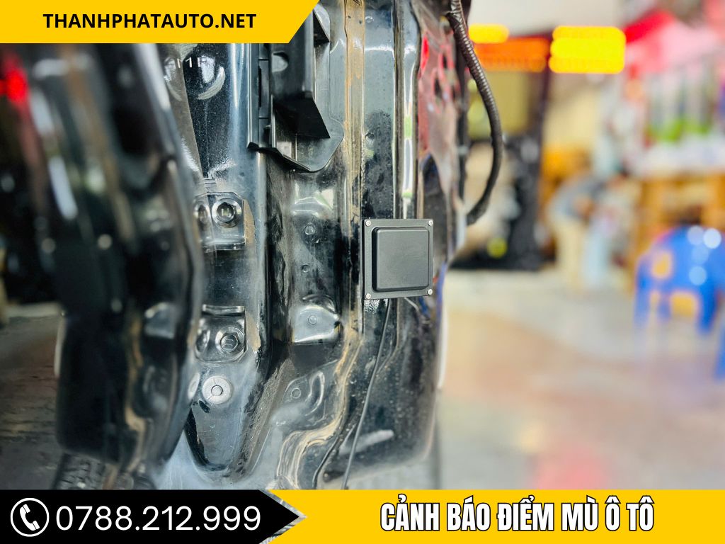 Cảm biến cảnh báo điểm mù được gắn trên thân xe tại trung tâm phụ kiện ô tô tại Dĩ An, giúp tài xế quan sát tốt hơn.