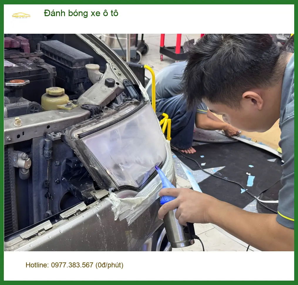 Chú Quang đánh bóng xe Mazda 3 tại Quận 12 để loại bỏ vết xước dăm